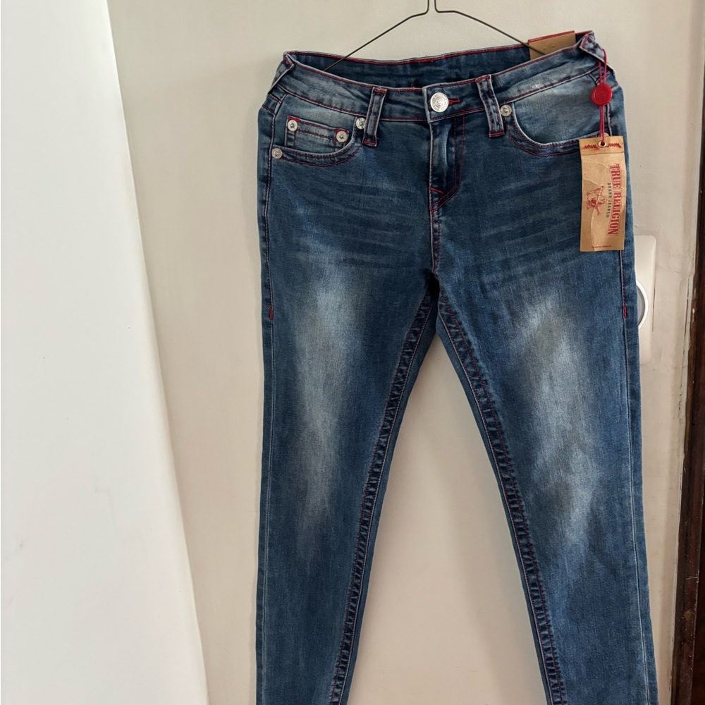 True Religion Indigo Skinny Jeans with Red Accents